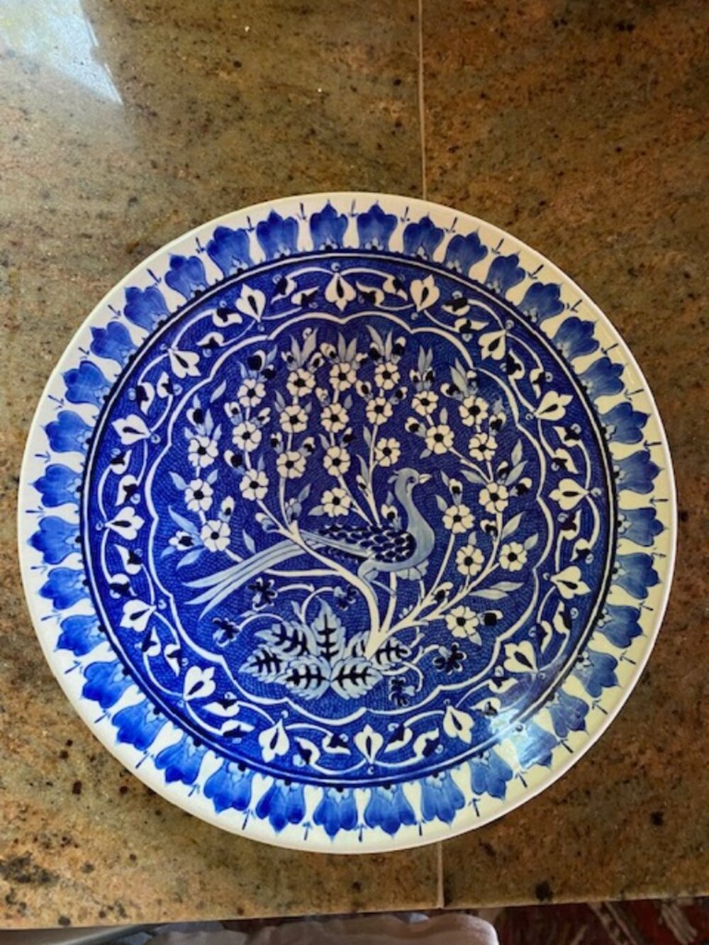 Vintage Hand Painted Turkish Küthaya Pottery Plate Peacock Signed "S. Sevis"